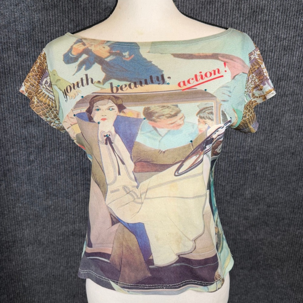 Y2K Retro Print Museum Mesh Top S Rhinestone Baby Tee Grunge Indie Avant Garde